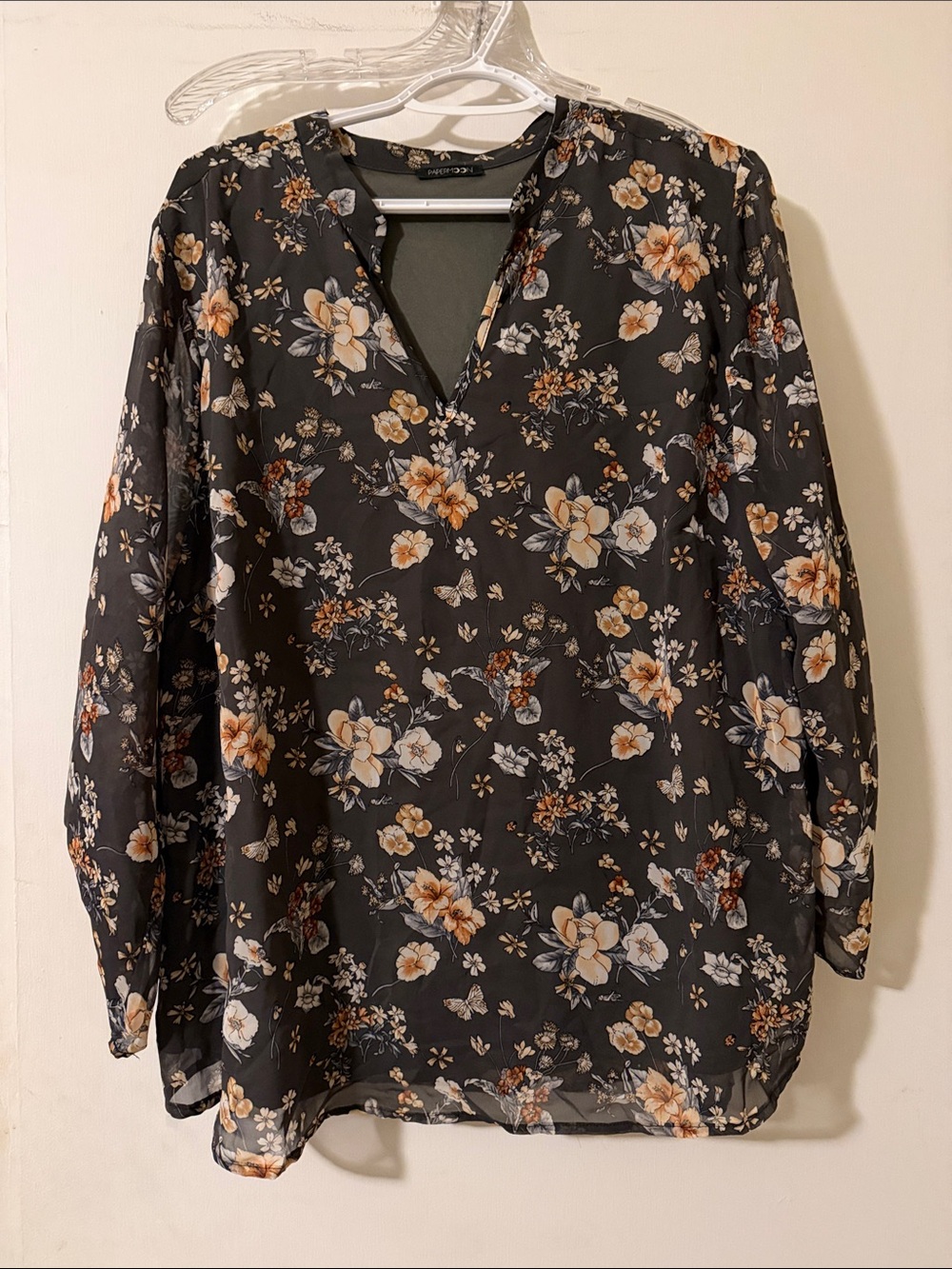 Papermoon Charcoal Gray Floral Split-Neck Blouse with Cream and Tan Blooms